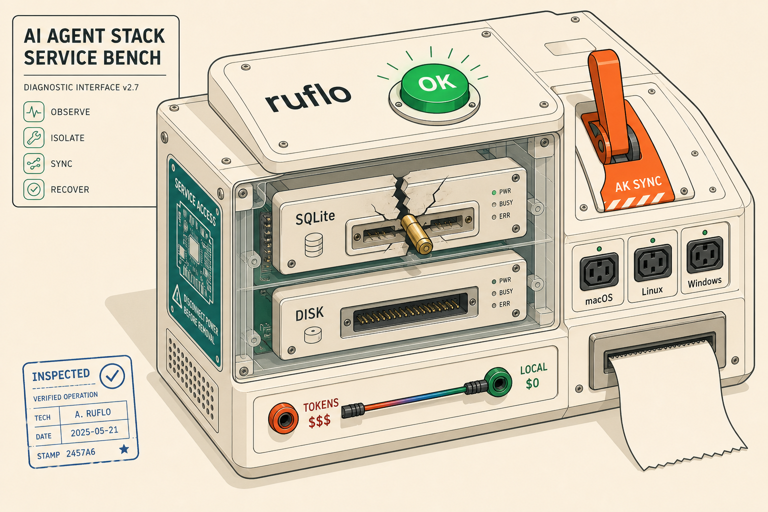agentic-kit: On an ivory repair bench, a transparent ruflo and agentic-qe chassis shows a green OK lamp above a visibly broken SQLite socket; beside it sit one orange AK SYNC handle, three labeled power sockets for macOS, Linux, and Windows, a token-metered daemon lead, and a narrow receipt printer marked VERIFIED.